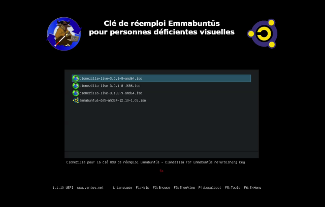 Menu d’accueil de Ventoy de la clé de réemploi en mode accessible